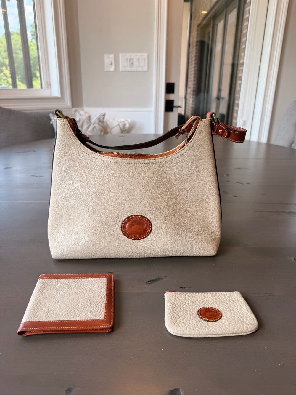 Vintage Dooney and Bourke Cream Pebbled All Leather Shoulder Bag with Brown Trim